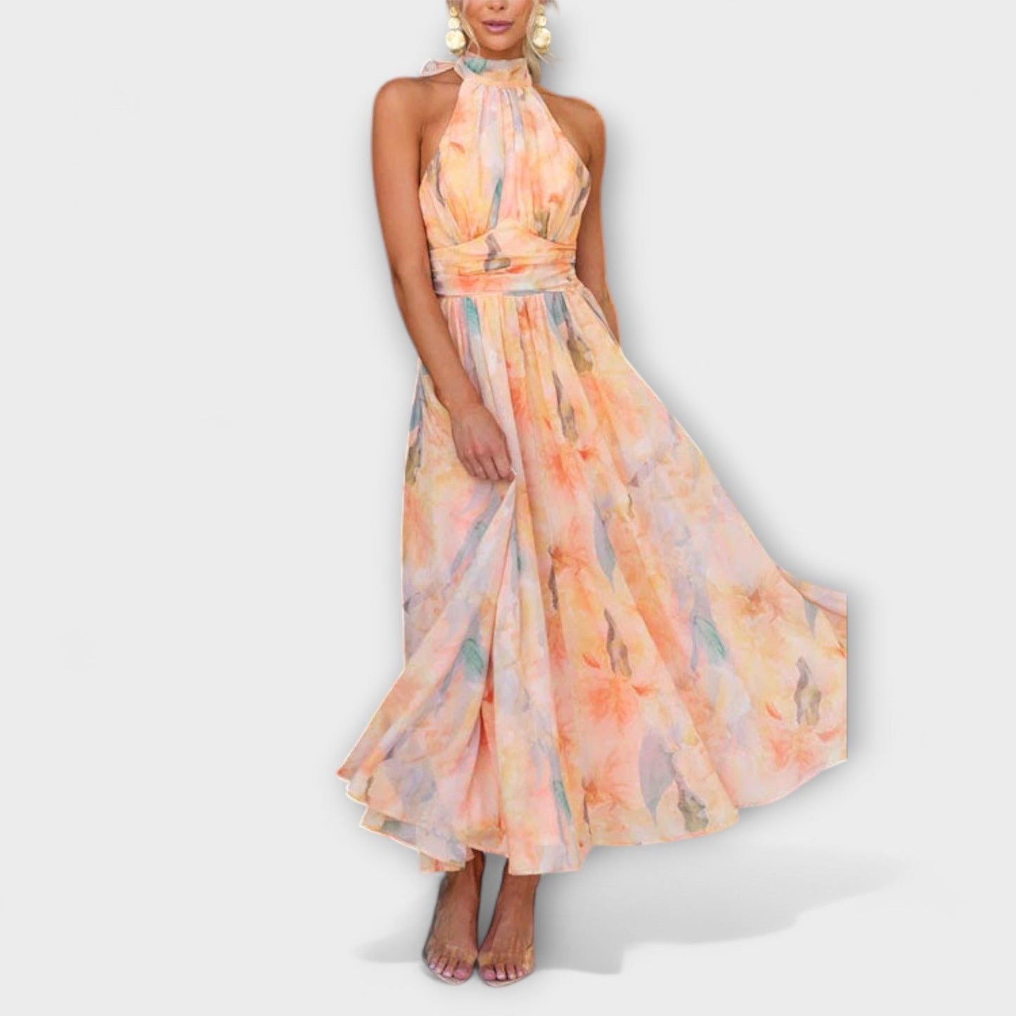 Roma | Halter-Neck Watercolor Print Maxi Dress
