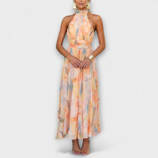 Roma | Halter-Neck Watercolor Print Maxi Dress